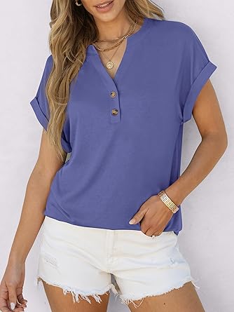 2025 Short Sleeve Henley Tops V Neck Blouses
