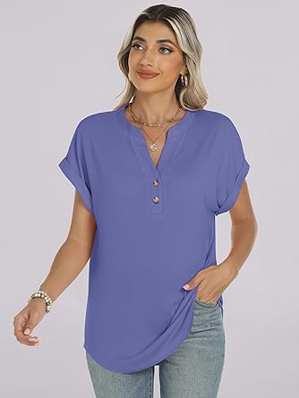 2025 Short Sleeve Henley Tops V Neck Blouses
