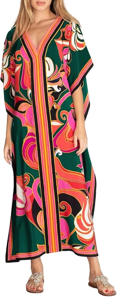 Eddoyee Women Long Print Swimwear Cover Up Sexy V Neck Side Split Beach Caftans Lounge Dresses