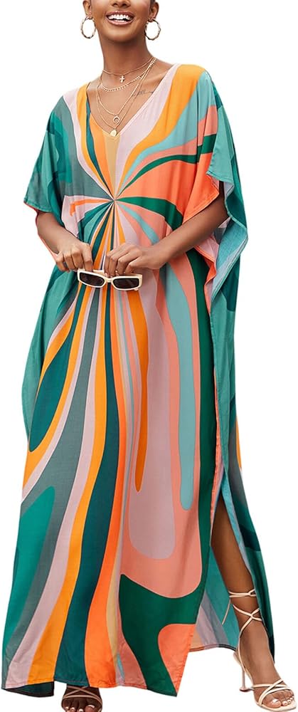 Moroccan Print V-Neck Batwing Kaftan Women's Plus Size Loose Fit Beach Dress Bathing Suit Cover Up Loungewear