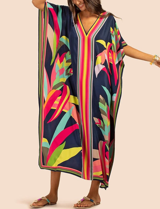 Eddoyee Women Long Print Swimwear Cover Up Sexy V Neck Side Split Beach Caftans Lounge Dresses