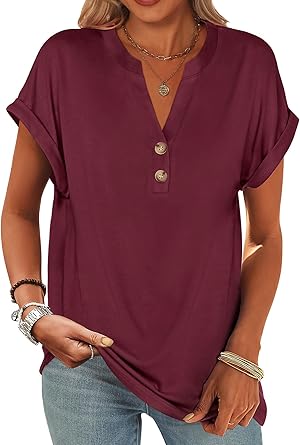 2025 Short Sleeve Henley Tops V Neck Blouses