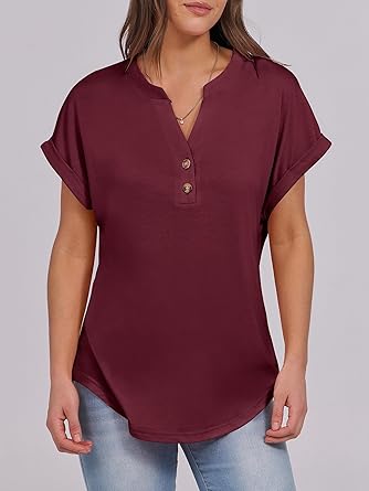 2025 Short Sleeve Henley Tops V Neck Blouses