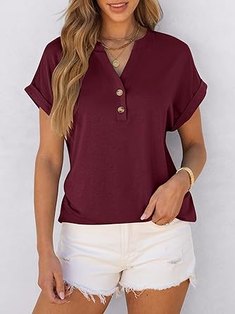 2025 Short Sleeve Henley Tops V Neck Blouses