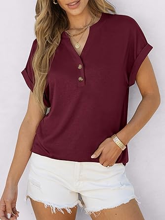 2025 Short Sleeve Henley Tops V Neck Blouses