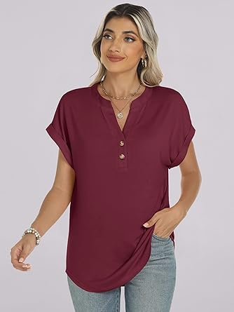 2025 Short Sleeve Henley Tops V Neck Blouses