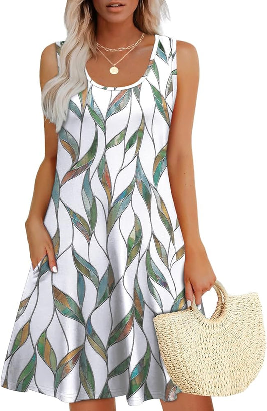WEESO Womens Summer Dresses Loose U Neck Sleeveless Sundresses Dress with Pockets