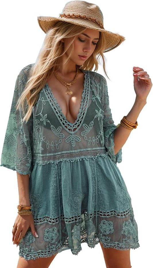 Moss Rose Women's Lace Bathing Suit Cover Up V-Neck Coverups Swimwear Swimsuit Swim Beach Dress Beachwear