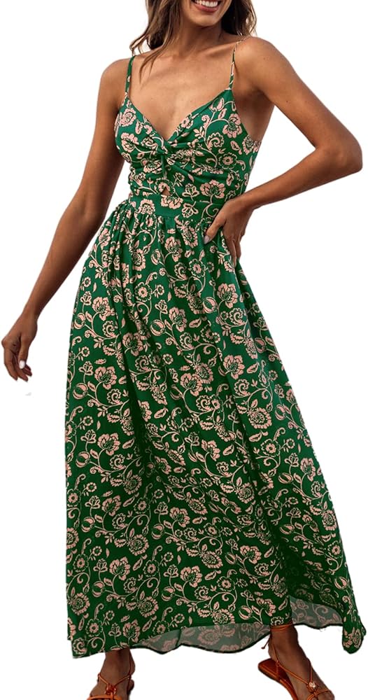 CUPSHE Women's Maxi Dress Floral Print Twisted V Neck Sleeveless Long Dress Summer Casual Dress