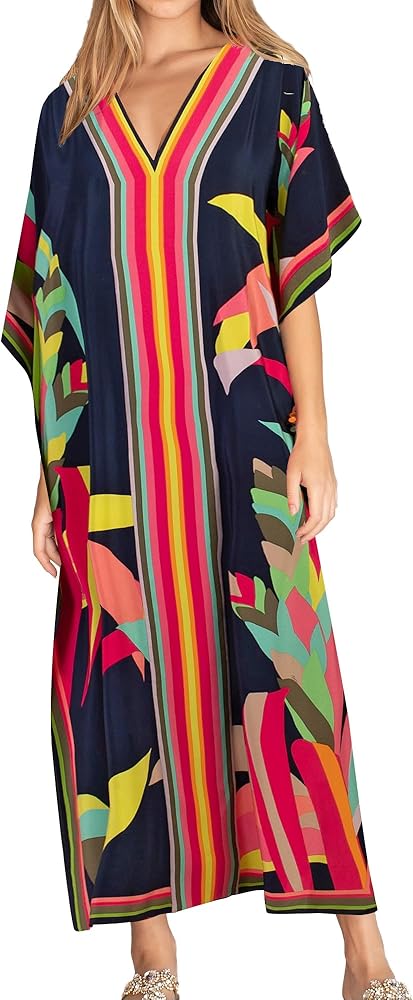 Eddoyee Women Long Print Swimwear Cover Up Sexy V Neck Side Split Beach Caftans Lounge Dresses