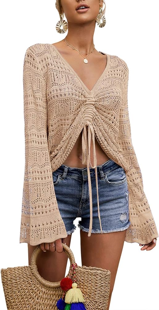FERBIA Women Crochet Top Beach Cloth Drawstring Shirt Cover Up Oversized Sexy Beachwear Lace Up Tee Poncho