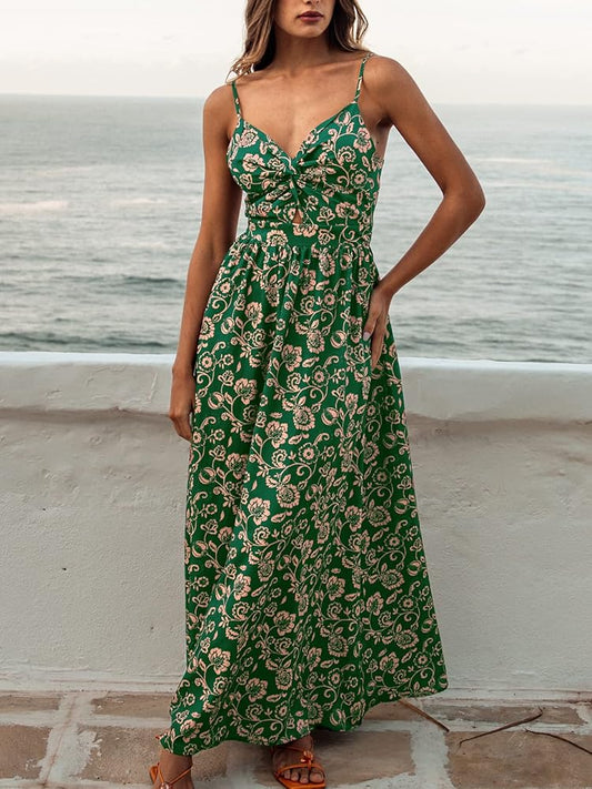 CUPSHE Women's Maxi Dress Floral Print Twisted V Neck Sleeveless Long Dress Summer Casual Dress
