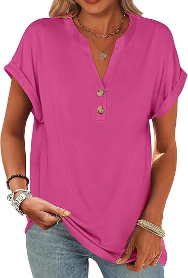 2025 Short Sleeve Henley Tops V Neck Blouses