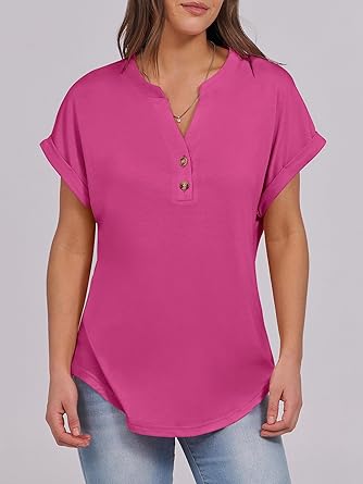 2025 Short Sleeve Henley Tops V Neck Blouses