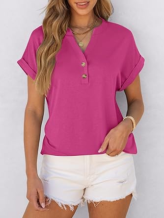2025 Short Sleeve Henley Tops V Neck Blouses