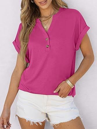 2025 Short Sleeve Henley Tops V Neck Blouses