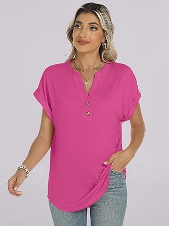 2025 Short Sleeve Henley Tops V Neck Blouses