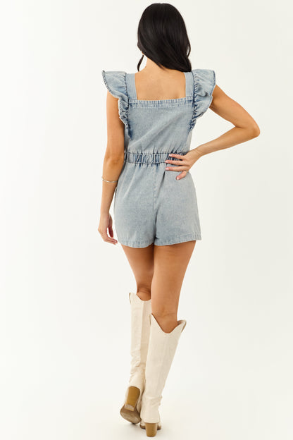 Acid Wash Denim Zip Up Ruffle Cap Sleeve Romper