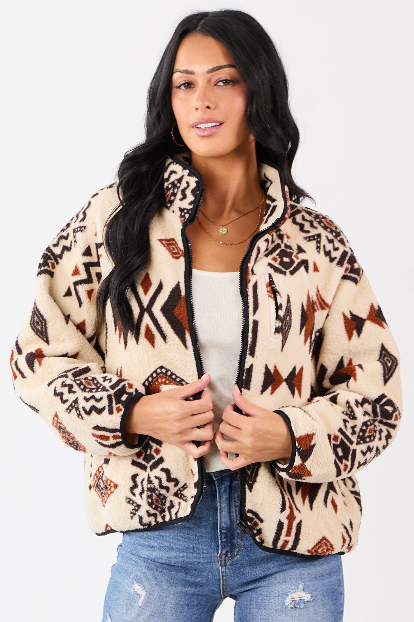 Almond Aztec Pattern Zip Up Sherpa Jacket