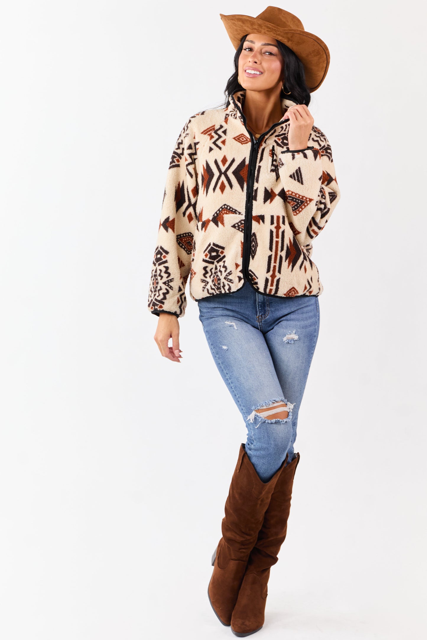 Almond Aztec Pattern Zip Up Sherpa Jacket