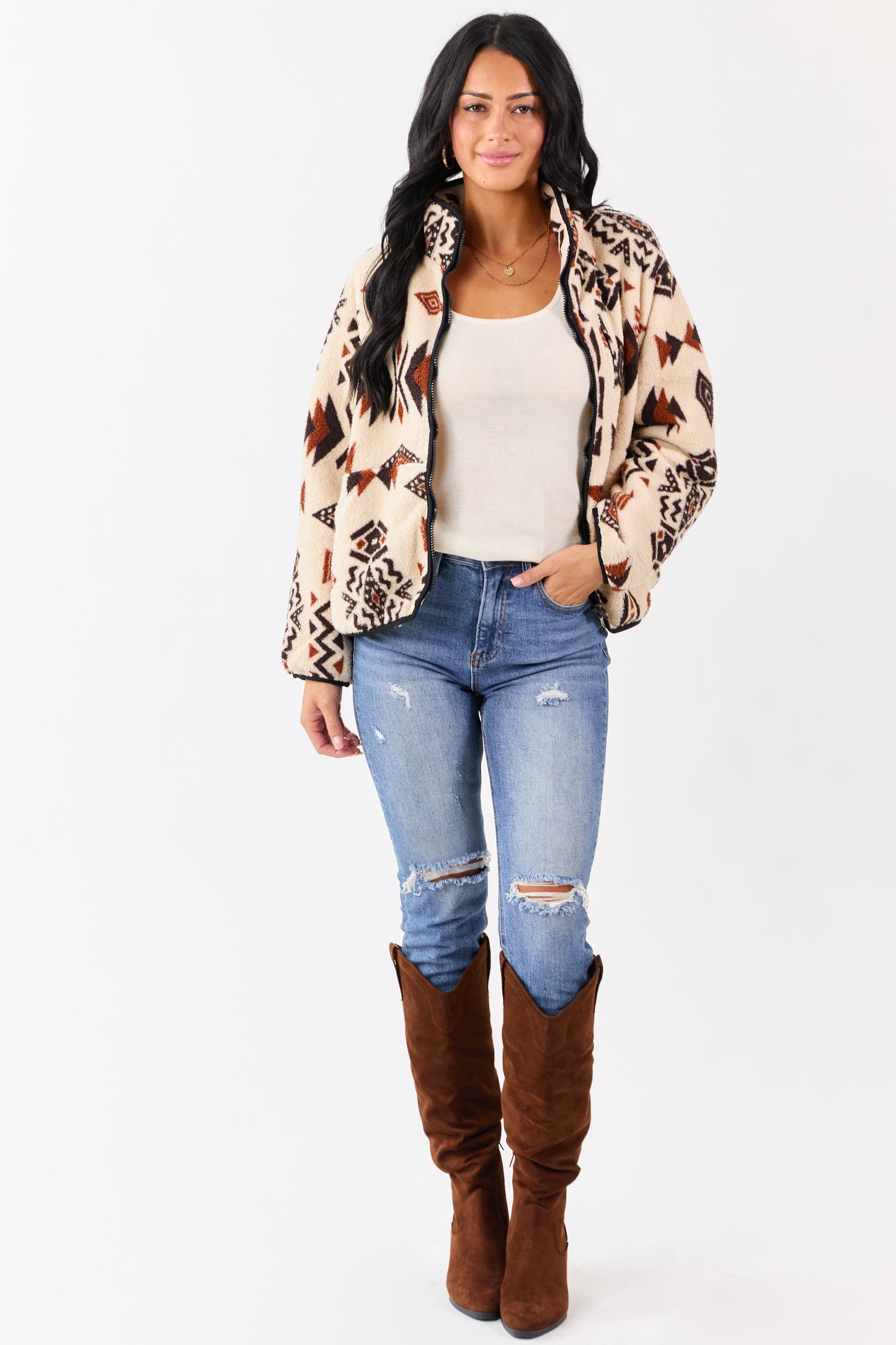 Almond Aztec Pattern Zip Up Sherpa Jacket