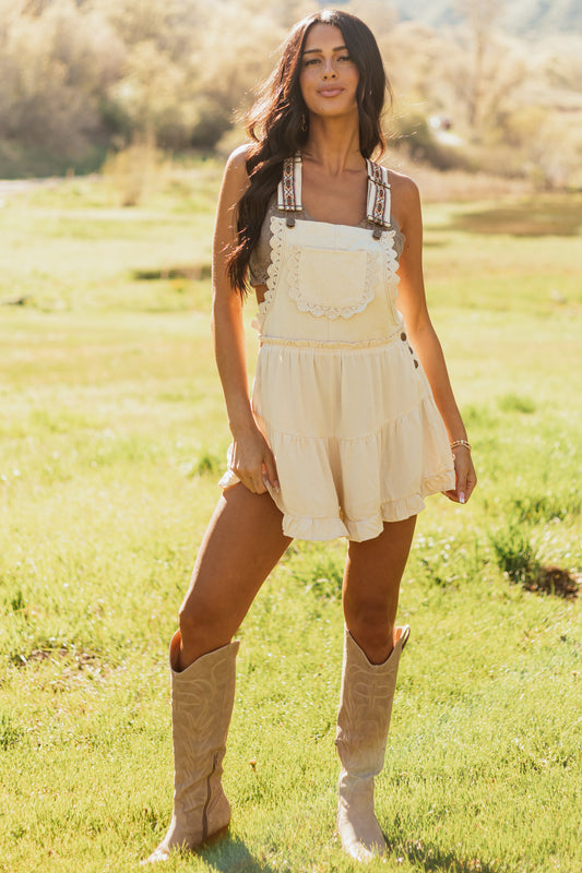 Almond Lace Trim Tiered Cotton Overalls Romper