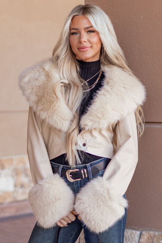 Almond Faux Leather Opulent Faux Fur Trim Crop Coat