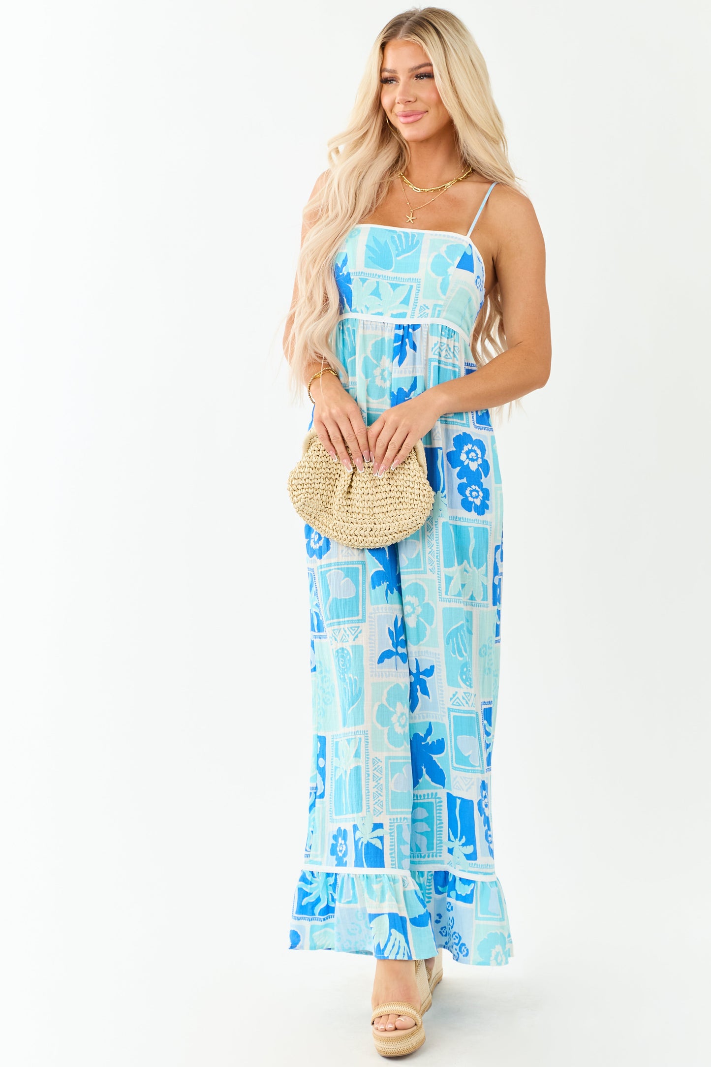 Baby Blue Tropical Print Wide Leg Jumpsuit