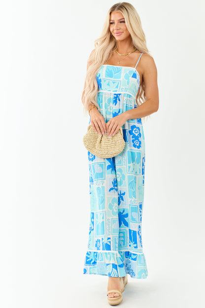 Baby Blue Tropical Print Wide Leg Jumpsuit