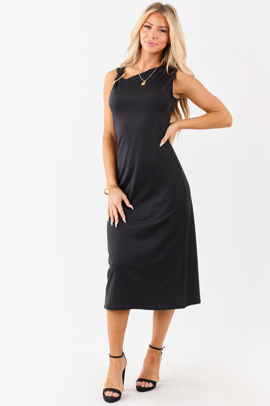 Black Asymmetrical Gold Ring Neck Midi Dress