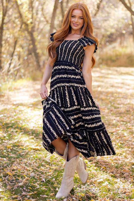 Black Floral Print Smocked Bodice Tiered Midi Dress
