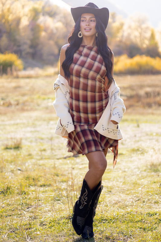 Cherry Plaid Ruched Side Sleeveless Mini Dress