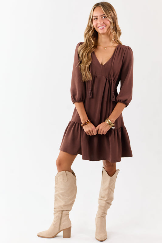 Chocolate Tassel Tie V-Neck Puff Sleeve Mini Dress