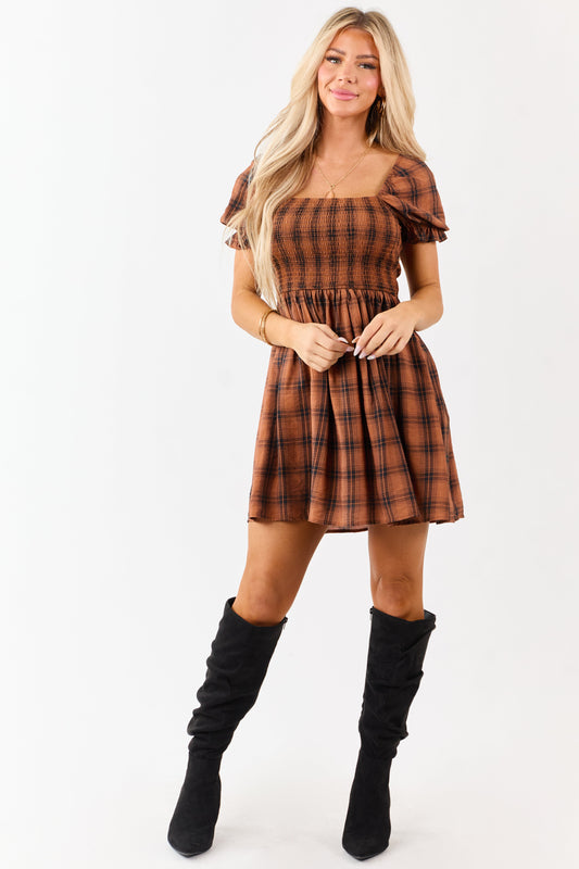 Dark Pumpkin Spice Plaid Smocked Mini Dress