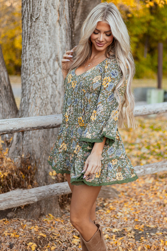 Olive Floral Print Bell Sleeve Babydoll Mini Dress