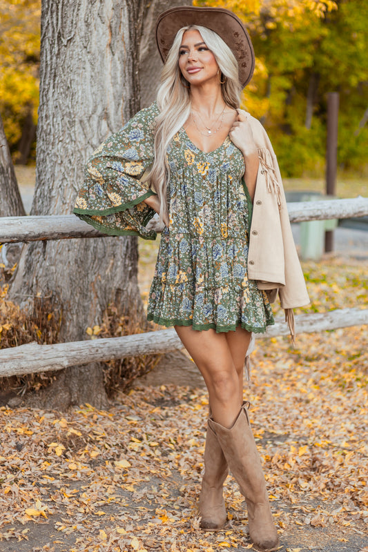 Olive Floral Print Bell Sleeve Babydoll Mini Dress