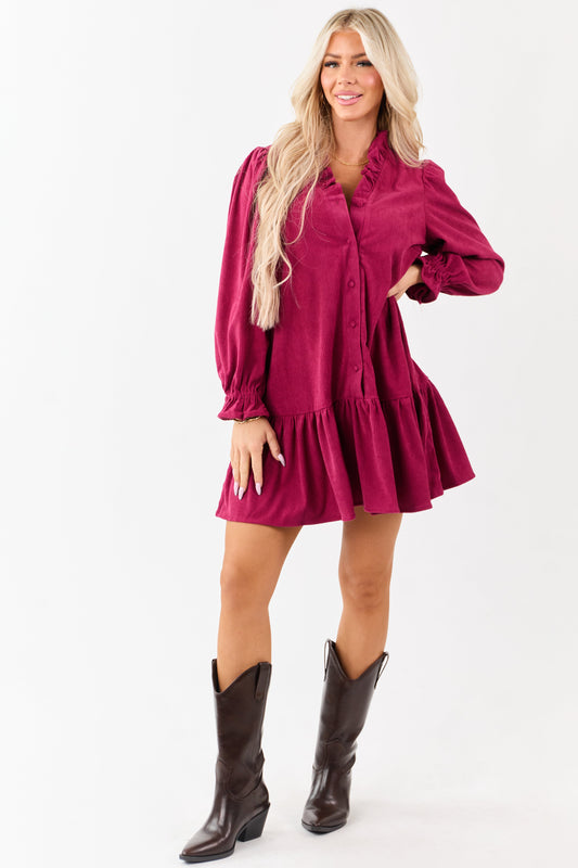 Raspberry Corduroy Button Down Ruffle Mini Dress