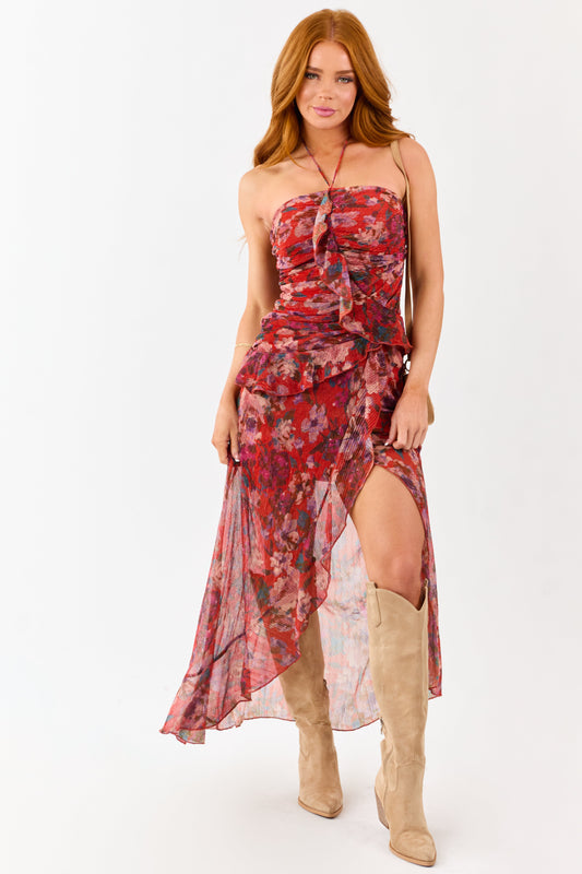 Scarlet Floral Print Ruffle Trim Plisse Maxi Dress