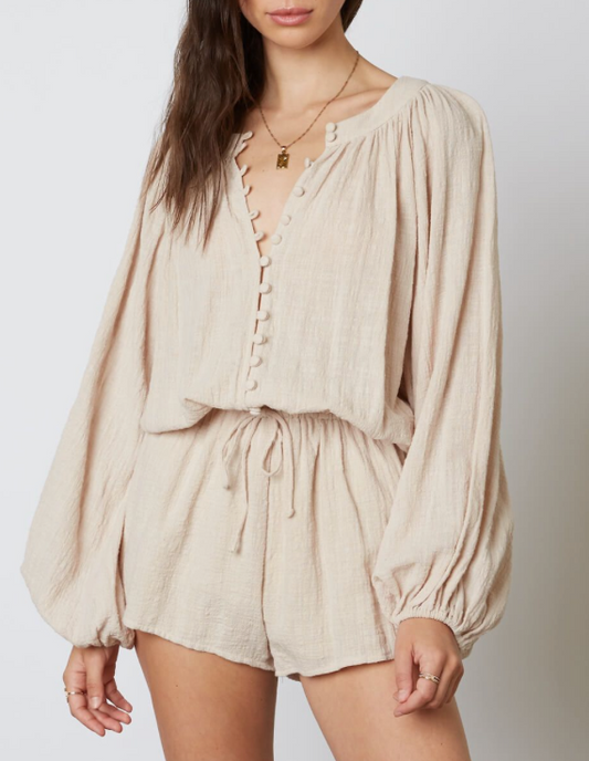 Long Sleeve Button Up Tie Waist Romper