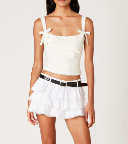 Lace Trim Straps Ruched Corset Top