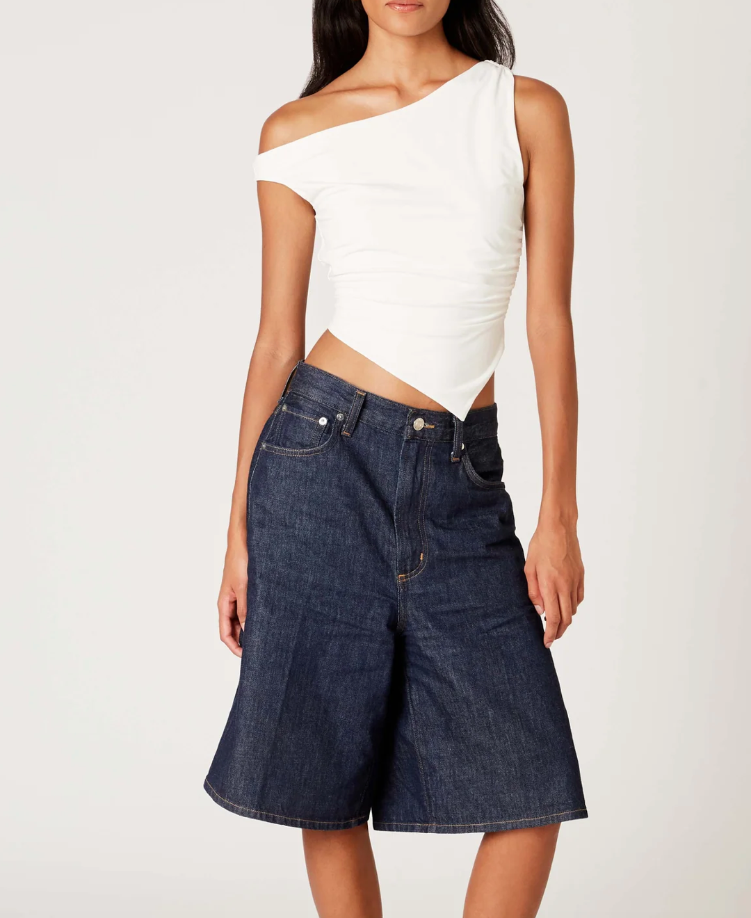 One Off Shoulder Side Ruched Diagonal Hem Top