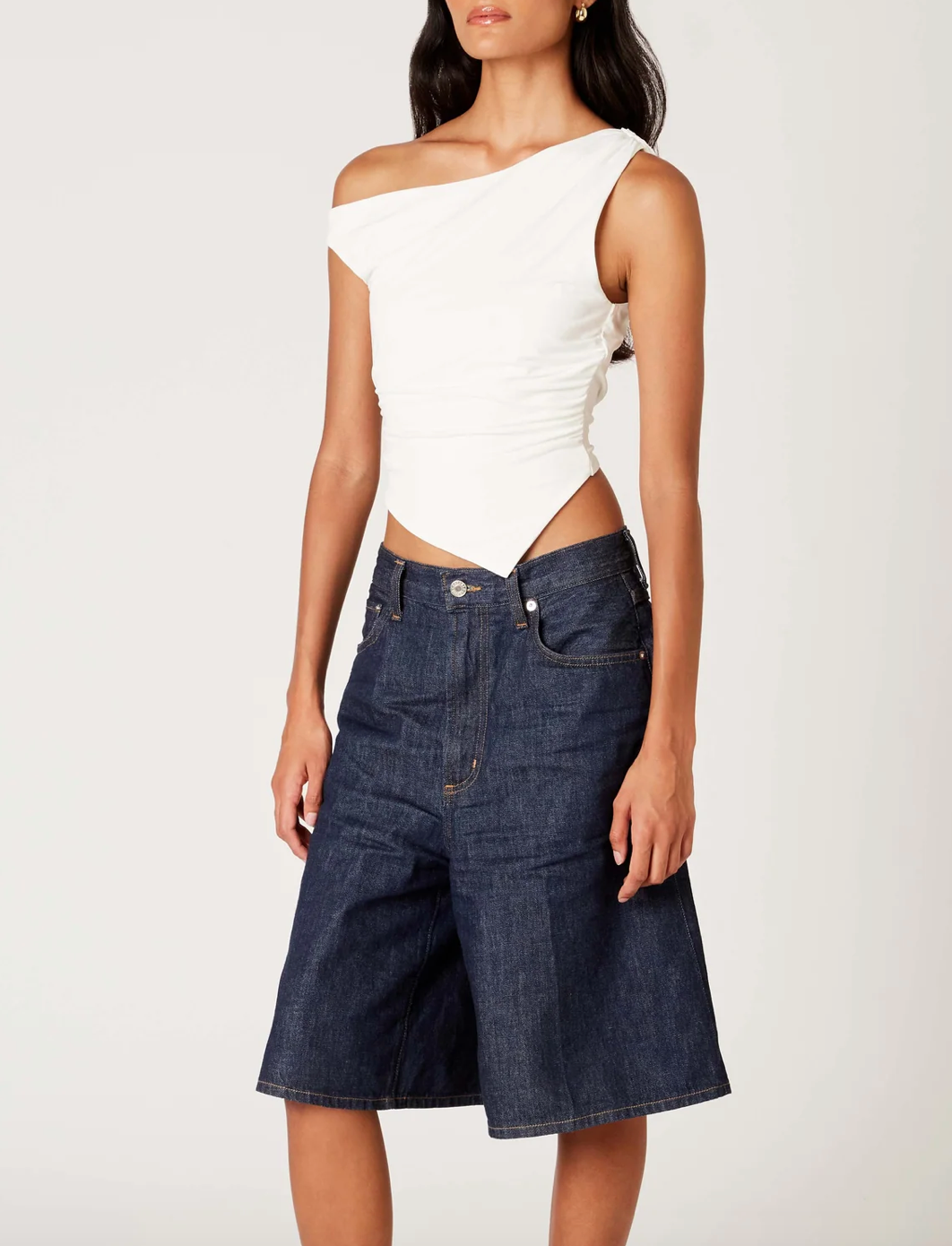 One Off Shoulder Side Ruched Diagonal Hem Top