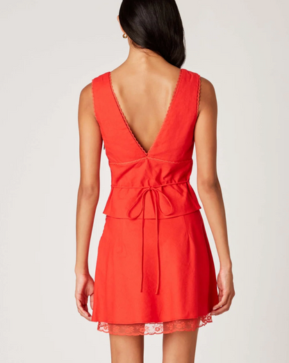 Plunge V Neck Linen Scalloped Trim Top