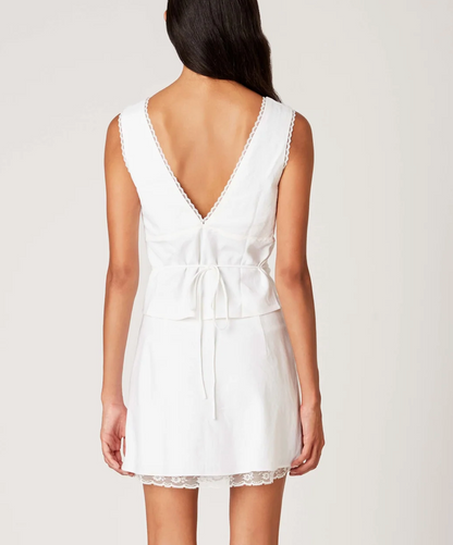 Plunge V Neck Linen Scalloped Trim Top