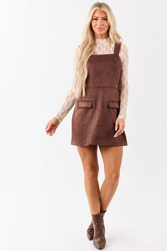 Walnut Faux Suede Patch Pocket Sleeveless Mini Dress